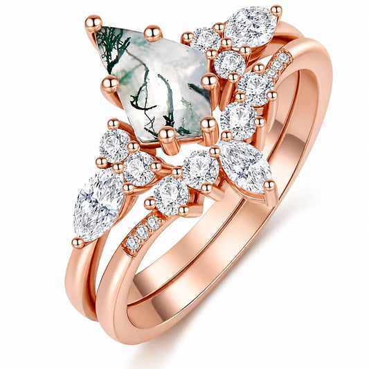 2pcs Fashion Rings Natural Green Moss Stone Agate Ring For Women Personalized Jewelry