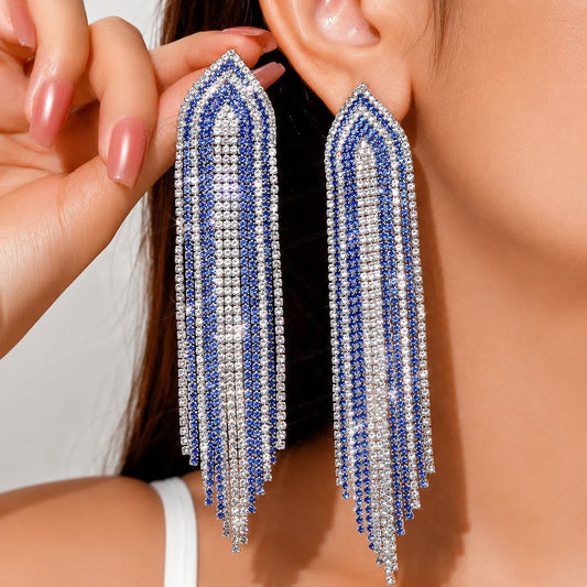 Fashion Shiny Rhinestone Long Fringe Earrings Women