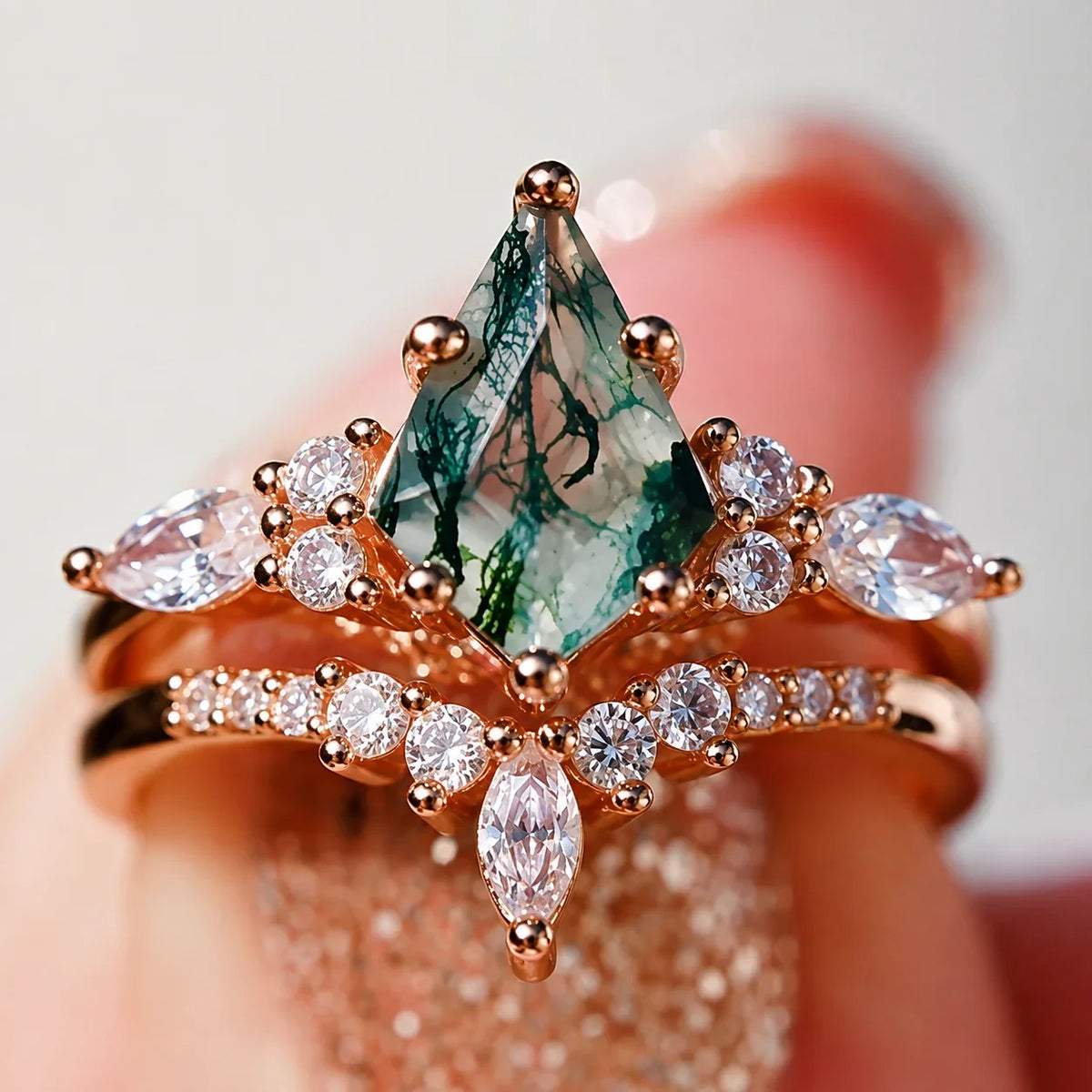 2pcs Fashion Rings Natural Green Moss Stone Agate Ring For Women Personalized Jewelry