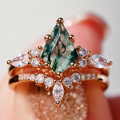 2pcs Fashion Rings Natural Green Moss Stone Agate Ring For Women Personalized Jewelry