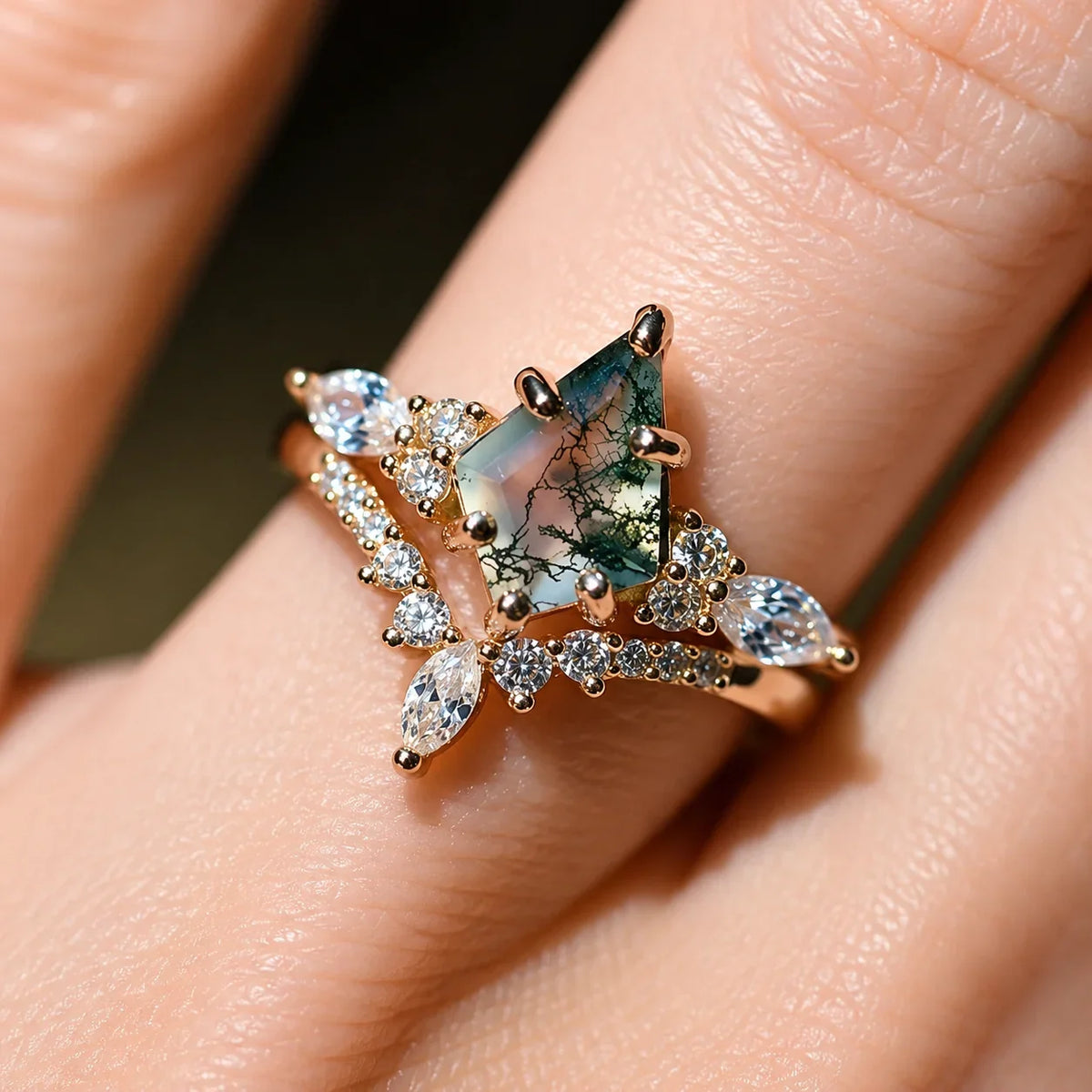 2pcs Fashion Rings Natural Green Moss Stone Agate Ring For Women Personalized Jewelry
