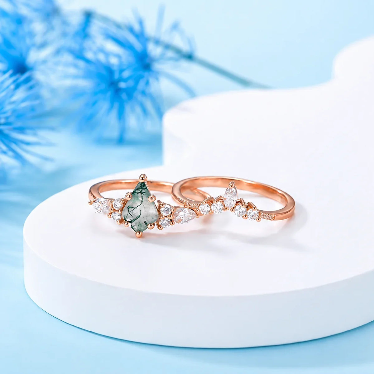 2pcs Fashion Rings Natural Green Moss Stone Agate Ring For Women Personalized Jewelry