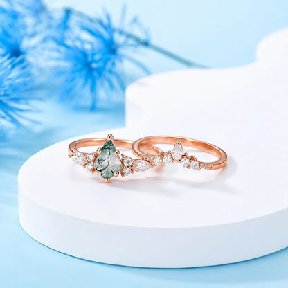 2pcs Fashion Rings Natural Green Moss Stone Agate Ring For Women Personalized Jewelry