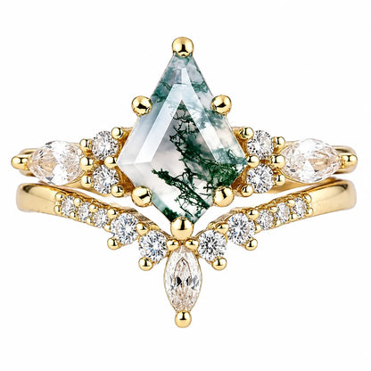 2pcs Fashion Rings Natural Green Moss Stone Agate Ring For Women Personalized Jewelry