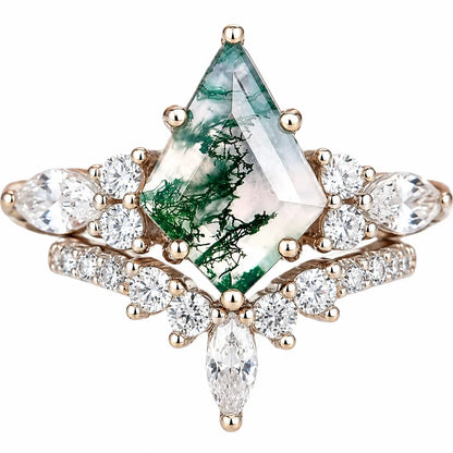 2pcs Fashion Rings Natural Green Moss Stone Agate Ring For Women Personalized Jewelry