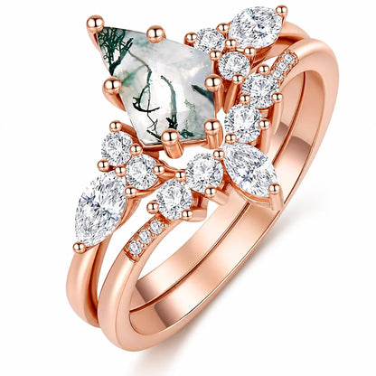 2pcs Fashion Rings Natural Green Moss Stone Agate Ring For Women Personalized Jewelry