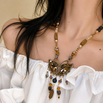 Butterfly Tassel Natural Stone Necklace Women